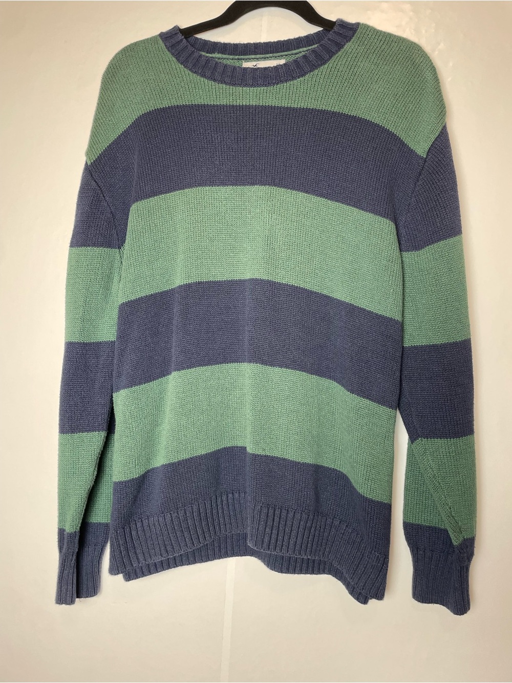 Hollister Men's Crewneck Sweater in Blue and Green Stripes